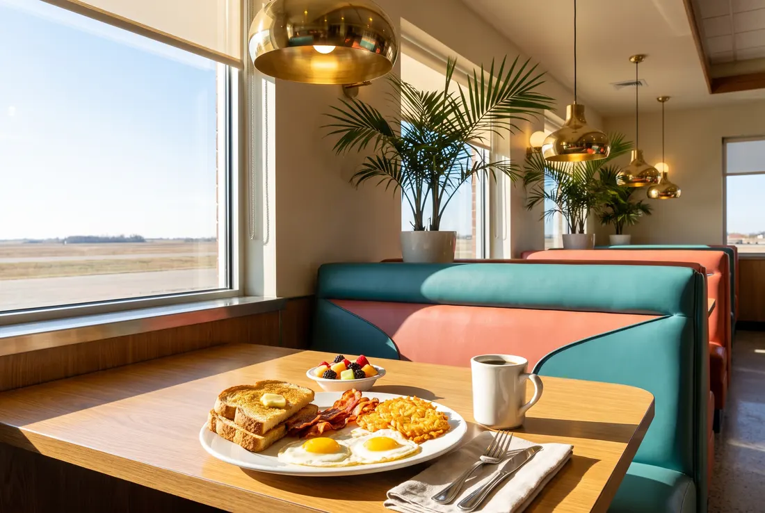 Generated illustration: a breakfast of fried eggs, bacon, hash browns and toast with coffee by a sunny window in a restaurant with teal and coral booths and potted palms; not a photograph of the resort.